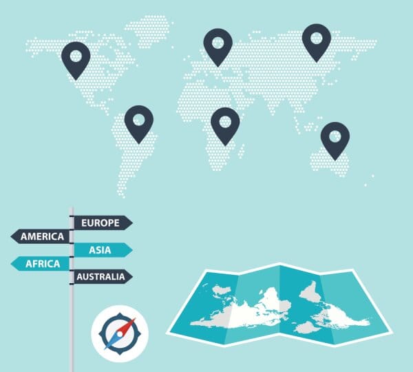 World map illustration showing global distribution routes of a standard salt exporter supplying salt to America, Europe, Asia, Africa, and Australia.