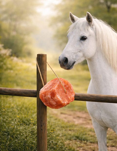 White horse standing near a Himalayan salt lick block tied to a wooden fence in a scenic mountain landscape, promoting animal lick salt for livestock health.