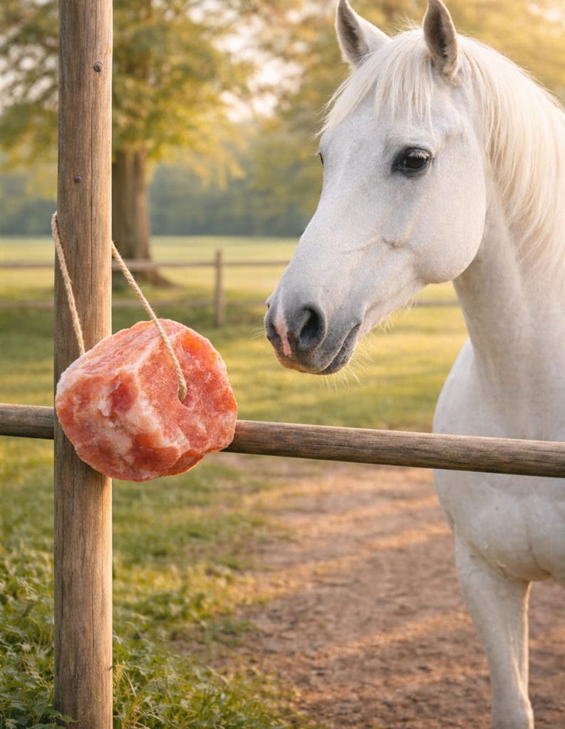 White horse standing beside a hanging Himalayan Animal Lick Salt block tied to a wooden fence in a farm setting at sunset.