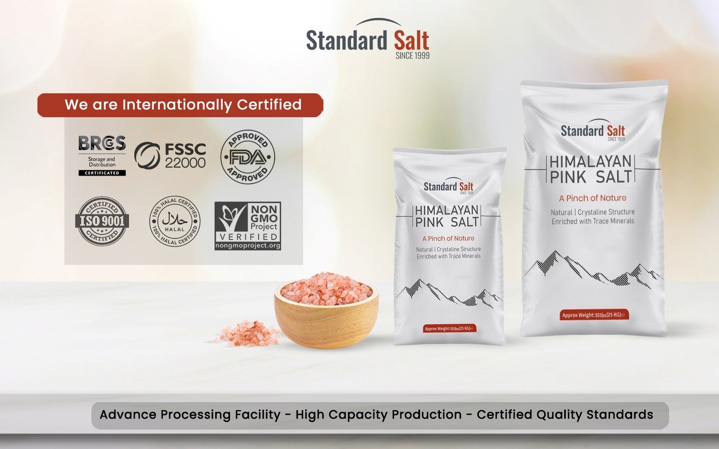 Himalayan salt manufacturer in Pakistan displaying certified Himalayan pink salt bulk bags with BRCGS, FSSC 22000, FDA, ISO 9001, Halal, and Non-GMO certifications.